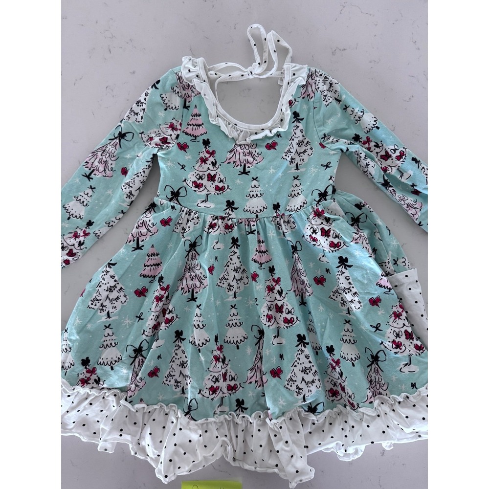 SweetHoney girls' flair dress with a Christmas tree print and a ruffle